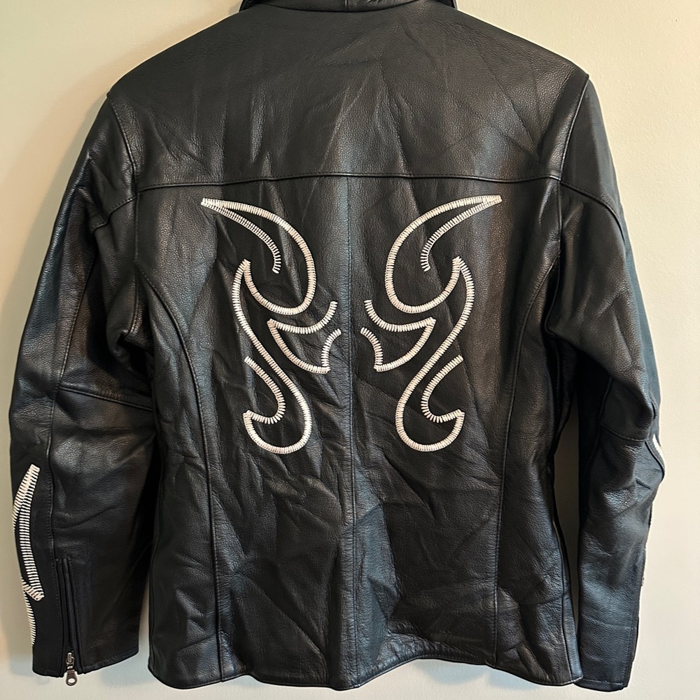 Pure Victory Black Leather Jacket with White embroidered Detailing - Picture 7 of 16